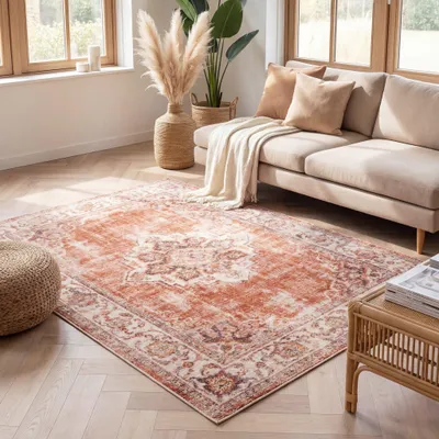 Produktbild von Volero - Teppich Vintage - Spring Medaillon Terracotta Creme - 80x150 cm - Wohnzimmer, Esszimmer, Schlafzimmer - Boho, Klassik, Ländlich, Orientalisch