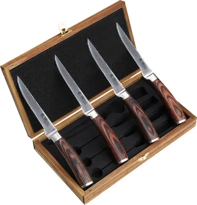 Immagine prodotto di Set di coltelli da bistecca Wakoli EDIB 4 pezzi in damasco I lama da 12,50 cm I scatola in legno I manico in pakkawood