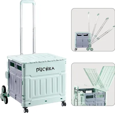 Produktbild von PUCHIKA Einkaufstrolley klappbarer, Einkaufswagen mit Deckel, flachziehenbar mit Teleskop-Griff, Treppensteiger mit 8 Gummiräder, Minzgrün