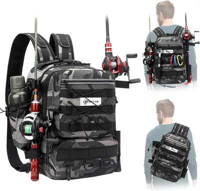 Produktbild von Angelrucksack mit Rutenhalter 35 l, Camouflage, Oxford-Gewebe, für Angeln