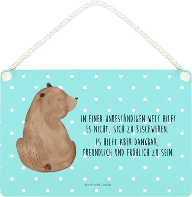 Produktbild von Mr. & Mrs. Panda Schild Bär Schulterblick DIN A4 - Blau Pastell - Geschenk, Teddy, Weltansicht, wandtafel, Motivation, Selbstachtung, Wandbild Holz, Türschild, holzbild
