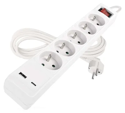 Prodlužovací kabel 3 m / 5 zásuvky / s vypínačem / bílý / 1×USB-A + 1×USB-C / 1,5 mm2