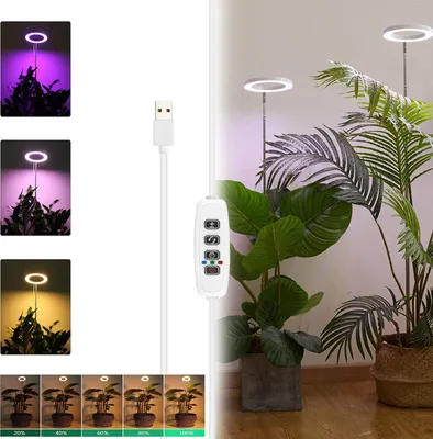 Image de Lampe de croissance pour plantes à 72 LED, lampe annulaire, spectre complet, pour plantes d'intérieur, blanc, bleu, rouge, blanc chaud, hauteur réglable, minuterie 3/9/12 h, USB, blanc