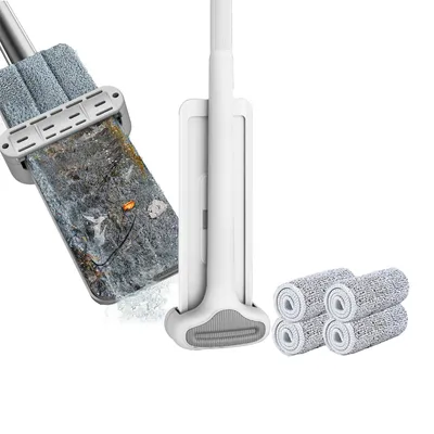 Zdjęcie produktu dla System do czyszczenia podłóg z mikrofibry z zmywalnymi, wielokrotnego użytku nakładkami do mopa i 4 miękkimi nakładkami zapasowymi – idealny do podłóg drewnianych – mop obracający się o 360°.