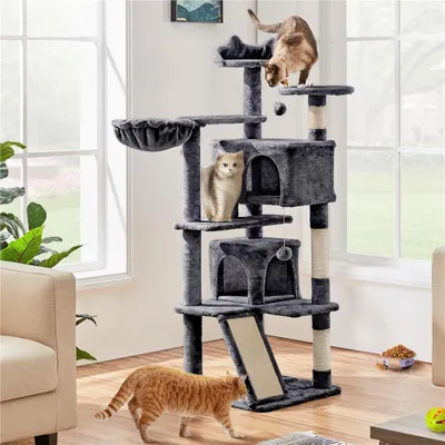 Two cats are playing on a multi-level cat tree in a living room with large windows.
