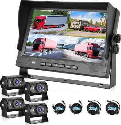 Productafbeelding van 1080p achteruitrijcamera met 4 gedeelde 9 inch monitor, ondersteunt 4 camera's DVR/IP68 waterdicht/nachtzicht voor vrachtwagen, camper, caravan, met 2
