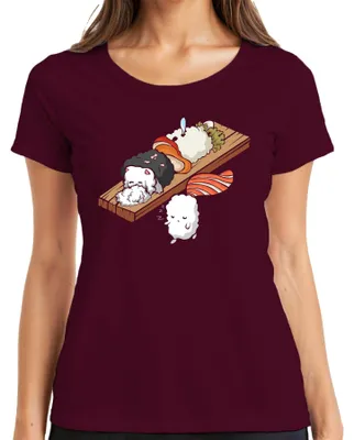 Produktbild von Kawaii Sushi Niedlich Onigiri Nigiri Katze Cartoon Japan Anime Damen T-Shirt, Burgundy, XXL