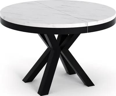 Produktbild von Runder Ausziehbarer Esstisch in Weißer Marmoroptik - Tisch im Loft-Stil mit Metallbeinen - Industrieller Tisch für Wohnzimmer - Spacesaver - Marmor Weiß - 100 cm