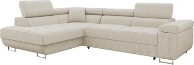 Produktbild von MIRJAN24 Ecksofa Torezio Cord, Stilvoll Eckcouch mit Bettkasten und Schlaffunktion, Einstellbare Kopfstützen, 274x203x70-90 cm (Farbe: Poso 100, Seite: Links)
