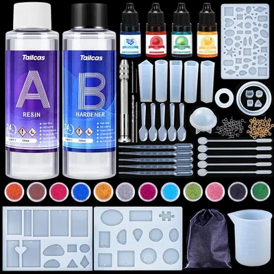 Obrázok produktu pre Sada epoxidovej živice pre začiatočníkov, 200 ml, s silikónovými formami, pigmentami a nástrojmi na kreatívne projekty