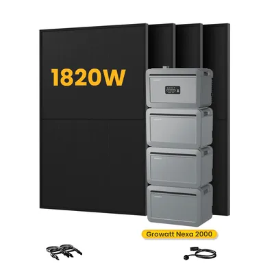 Produktbild von Powerness Balkonkraftwerk mit Speicher, Growatt NEXA 2000 Speicher mit 3x NEXA 2000E Erweiterungsakku & 4x 455W Bifazial Solarmodule (0% MwSt)