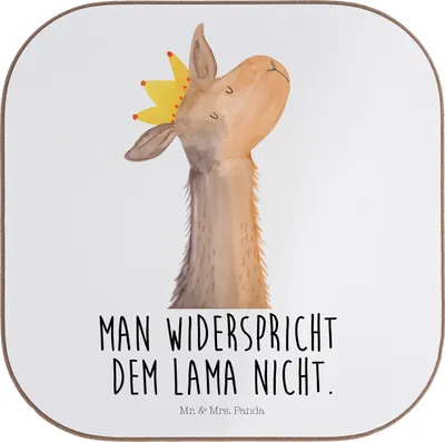 Produktbild von Mr. & Mrs. Panda Tassenuntersetzer Lamakopf König - Weiß - Geschenk, Mama, Tischuntersetzer, gläseruntersetzer, Freundin, Lama, Holzuntersetzer, Chef, Untersetzer Glas