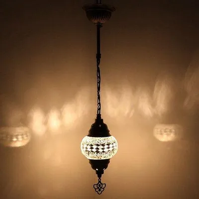 Zdjęcie produktu dla Lampa wisząca Mozaïek – ręcznie wykonana orientalna lampa z kolorowego szkła, wysokość 53 cm, niepowtarzalny design