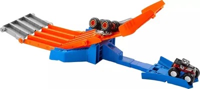 Produktbild von Hot Wheels Monster Trucks Sharks vs. Dinos Abfahrtszerstörungs-Trackset und 2 Spielzeugtrucks im Maßstab 1:64, Monstertruck- & Schienen-Set, 4 Jahr(e), Kunststoff, Mehrfarbig