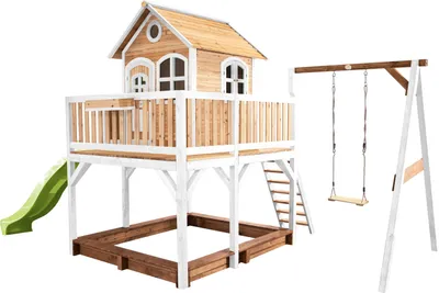 Produktbild von AXI Spielhaus Liam mit Sandkasten, Schaukel & hellgrüner Rutsche | Stelzenhaus XXL in Braun & Weiß aus  Holz für Kinder | Spielturm mit Wellenrutsche für den Garten