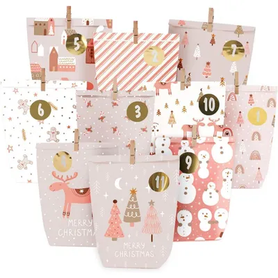 Image de Calendrier de l'Avent à remplir, comprenant 24 sachets en papier imprimés avec des autocollants numérotés, de couleur rose