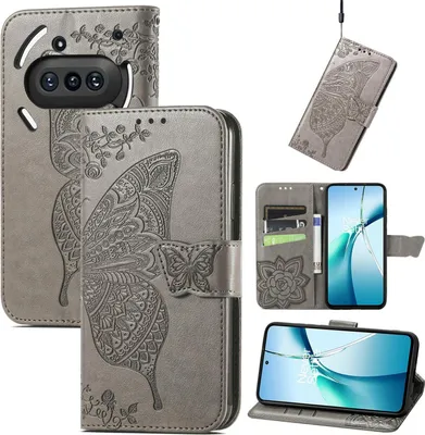 Productafbeelding van Voor Nothing Phone 3a: Kunstleren telefoonhoesje, portemonnee, vlinderdesign, grijs