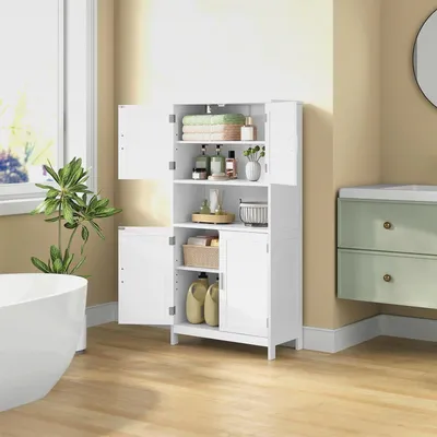 Produktbild von Badezimmerschrank, Badschrank, Küchenschrank, Aufbewahrungsschrank mit 4 Türen und 1 offenem Ebenen, Mehrzweckschrank für Badezimmer Küchen Wohnzimmer Büro, 60 x 120 x 30 cm, Weiß