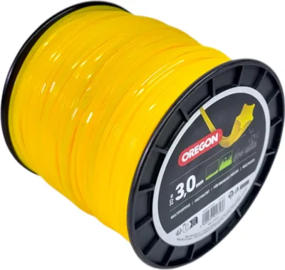 A spool of yellow trimmer line on a black spool, with branding and product information visible.