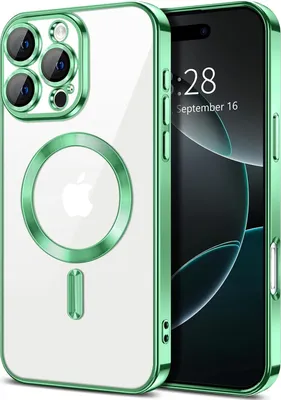 Produktbild von Magnetische Klar Hülle für iPhone 16 Pro Max, Kompatibel mit MagSafe, Elektroplattiert Handyhülle mit Kameraschutz hellgrün