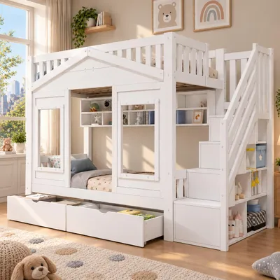 Produktbild von Kinderhochbett 90x200 cm mit Stauraumtreppe, Schublade, Regalen, Fenster & Rausfallschutz, Hausbett, Weiß, Kiefernholz & MDF, KI-generiertes Bild