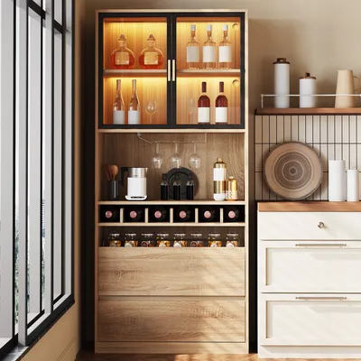 Immagine prodotto di Mobile da cucina a colonna Flieks con illuminazione a LED, 80x40x180 cm, credenza da cucina con ante in vetro, cassettiera da bagno, finitura naturale