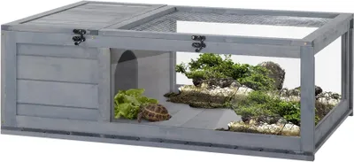 Produktbild von Schildkrötenhaus Outdoor Holz, Schildkrötengehege mit aufklappbarem Dach, Grau