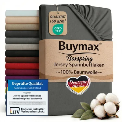 Produktbild von Buymax XL Spannbettlaken 180x200 bis 200x220 cm Anthrazit – Jersey 160 g/m² – 100% Baumwolle, passend für Boxspringbetten und Wasserbetten