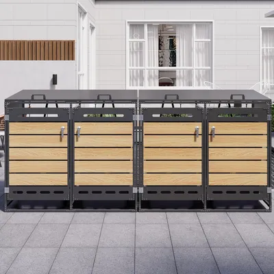 Produktbild von Flieks Mülltonnenbox mit hydraulischem Deckel & Schloss, Mülltonnenverkleidung für 4 Tonnen, 120-240L, Mülltonnenschrank 262x79x116 cm, Schwarz