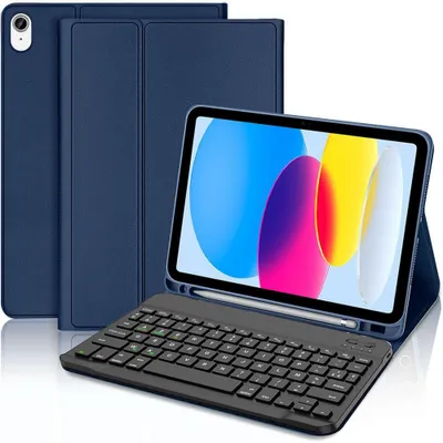 Image de Coque Clavier pour iPad A16 (11 Pouces) / iPad 10 2022 (10,9 Pouces) CuirPolyuréthaneBleu Marine avec Clavier Bluetooth