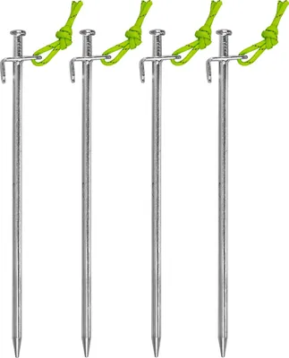 Zdjęcie produktu dla Kołek namiotowy z hakiem L 4 szt. 30 cm wykonany ze stali ocynkowanej, wytrzymały do twardych podłóg, z kawałkiem fluorescencyjnego sznurka, idealny do namiotów, markiz, pawilonów, kempingów