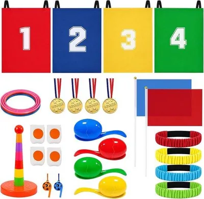 Productafbeelding van zakracespellen, outdoorspellen, ei en lepel, ringwerpspel, medaille en fluiten, outdoorspellen voor kinderen