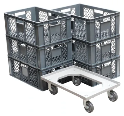 Produktbild von 6 Stück Bäckerkisten 600 x 400 x 230 mm + 1 Transportroller Typ C versch. Farben : grau Farbe: grau
