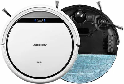 A white and black robot vacuum cleaner shown from a top and underside view against a white background.