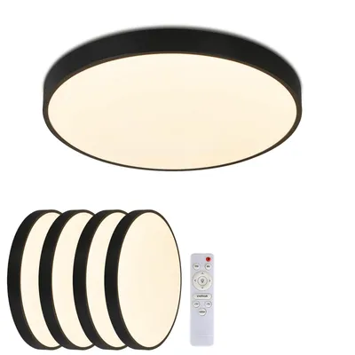 A large, round, black-rimmed LED ceiling light is shown from a top-down perspective. Below it are four smaller, identical ceiling lights stacked, and a white remote control. The lights are illuminated with a warm white glow.