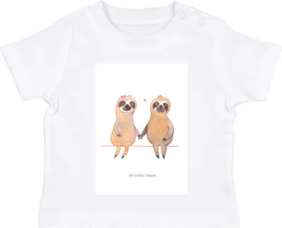 Produktbild von Mr. & Mrs. Panda  T-Shirt Faultier Pärchen 12. - 18. Monat - Weiß - Geschenk, Baby Oberteil, Baumwollshirt, Liebe, Liebespaar, Verliebt, Babyshirt, Kleinkind Shirt