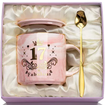 Image de Tasse en céramique de 400 ml, rose marbrée, avec cuillère et couvercle, pour un anniversaire de 17 ans