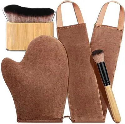 Produktbild von Selbstbräunungshandschuh-Set mit wasserdichtem Futter, doppelseitiger Selbstbräunerhandschuh-Applikator, Applikatorpinsel für Gesicht, Körper und Rücken
