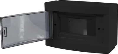 A black electrical distribution box with a transparent gray door open to the side.