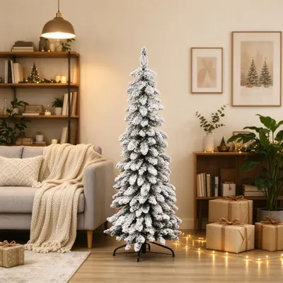 Zdjęcie produktu dla Sztuczne drzewko świąteczne, pokryte sztucznym śniegiem, o wysokości 135 cm, z metalową podstawą i 253 gałęziami