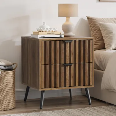 Immagine prodotto di MODFU, comodino con 2 cassetti, mobiletto laterale con design integrato, 45 x 40 x 53 cm, contenitore per camera da letto e soggiorno, noce