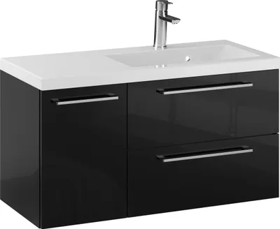 Produktbild von Rosen 90 cm Rechts Badezimmerschrank in Schwarz Hochglanz mit Waschbecken und Chrom-Griffen - Zeitloses Design für ein elegantes Bad