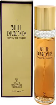 A bottle of Elizabeth Taylor White Diamonds eau de Toilette and its packaging are displayed against a white background.