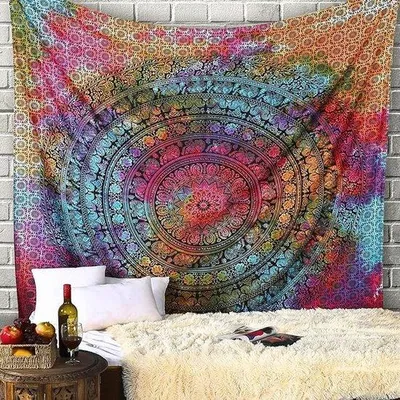 Produktbild von Unyqoos® Bunter Mandala-Wandteppich aus Baumwolle – mehrfarbig, leichtes Wandkleid für Wohn- & Schlafzimmer, vielseitig als Tagesdecke (5 Größen)