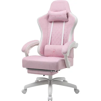 A pink and white gaming chair with a footrest, shown from the front on a white background.