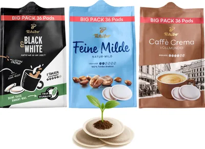 Produktbild von Tchibo Kaffeepadmix Probierset Vielfaltspaket, Feine Milde, BLACK&WHITE & Caffè Crema vollmundig, 108 Stück – 3x 36 Pads, nachhaltig, geeignet für Senseo Maschinen
