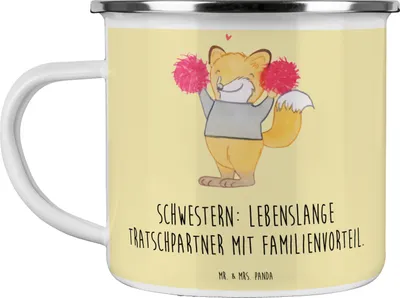Produktbild von Mr. & Mrs. Panda Emaille Becher Schwestern Tratschpartner - Gelb Pastell - Geschenk, Familiengeschenk, Kaffeepott, Geschwisterliebe, Tasse, Teetasse, einzigartige Designs