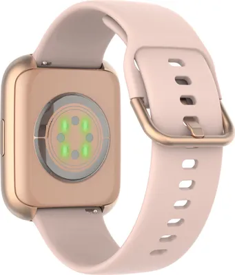 The back of a rose gold smartwatch with a pink strap is shown against a white background. The watch face is not visible, but the heart rate sensor is.