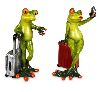 Produktbild von Formano 2er Set lustige Frösche auf Reisen mit Koffer und Handy Figur Poly 16 cm