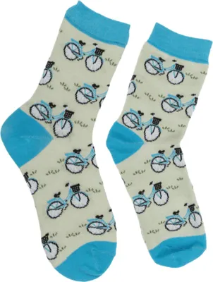 A pair of socks with a bicycle pattern.